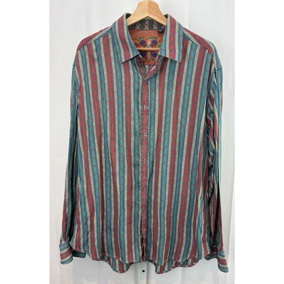 ROBERT GRAHAM Size 2XL Striped Button Front Shirt Silk Blend Contrast Multicolor - Picture 1 of 10